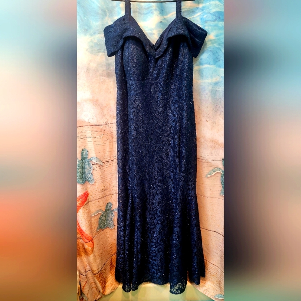 Navy blue off the shoulder with straps sparkly dress.